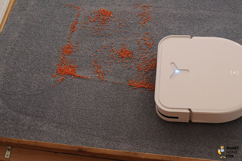 ECOVACS DEEBOT X5 OMNI saugt Linsen auf dem Teppich